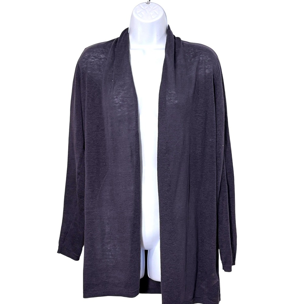 Tahari Linen Navy Long Cardigan Small Minimal Coastal Nautical Beach Fisherman
